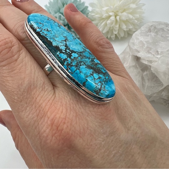 *SOLD* Long Chunky Turquoise Ring Size 11 New Sterling Silver 925 - Picture 6 of 10